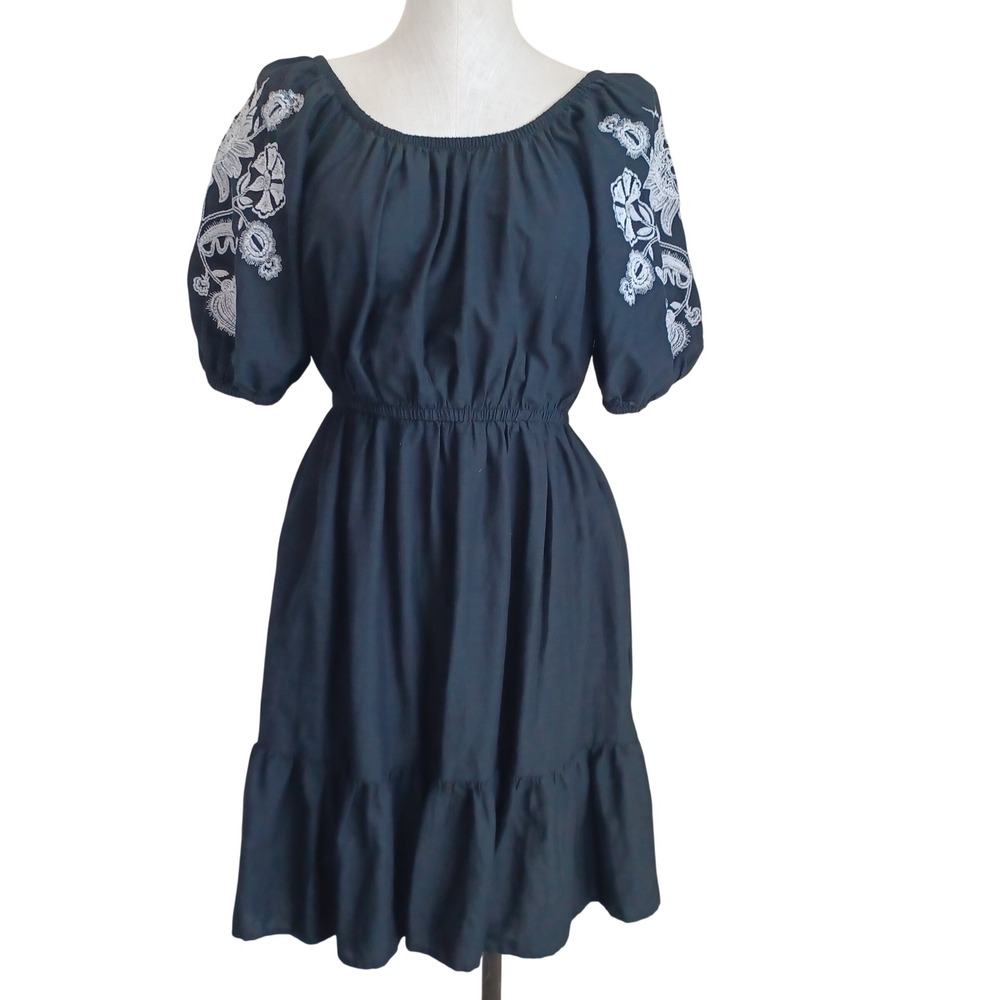 Knox Rose Womens Black White Embroidered Puff Sleeve Boho Mini Dress XS Pockets